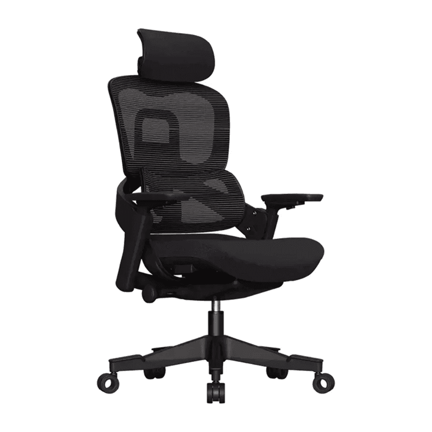 Black ergonomic office chair with mesh back, adjustable headrest, and wheeled base.
