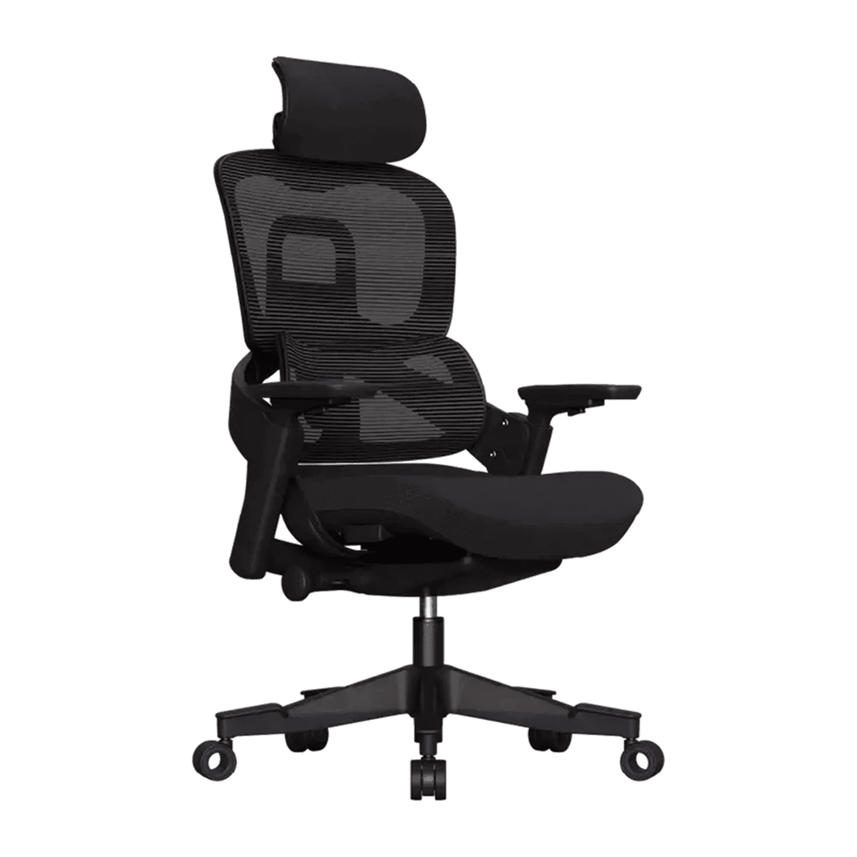 Black ergonomic office chair with a mesh back, headrest, and adjustable armrests.